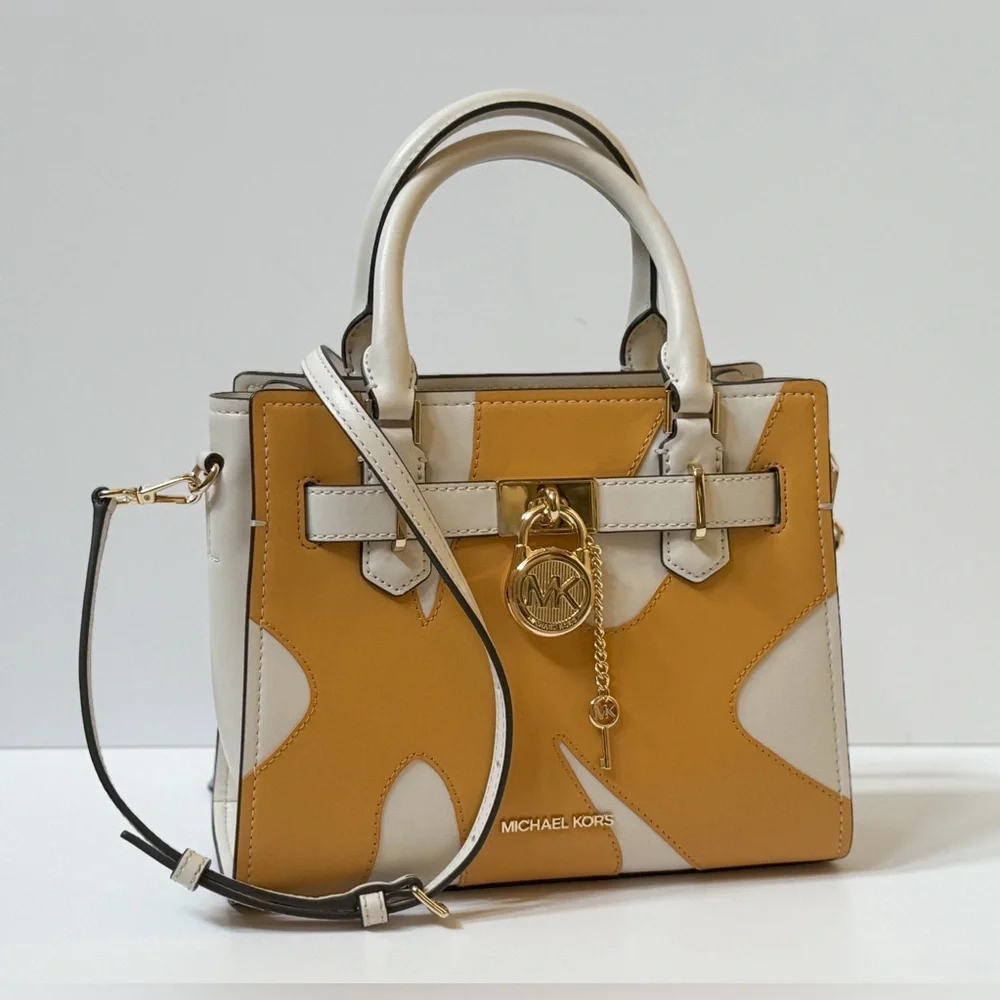 Michael Kors Hamilton Small Satchel Shoulder  Bag Graphic Logo Golden Rod Multi - Picture 3 of 15